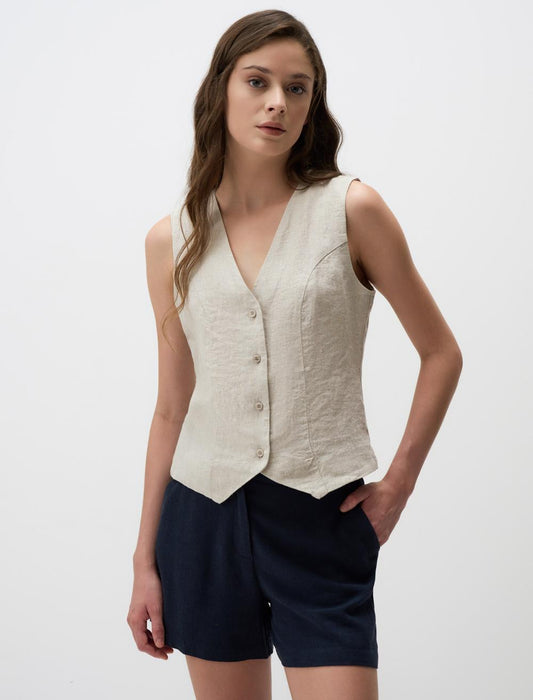 V-neck Sleeveless Plain Linen Vest