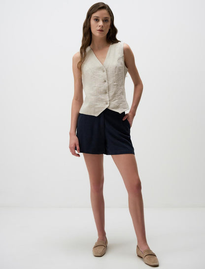 V-neck Sleeveless Plain Linen Vest