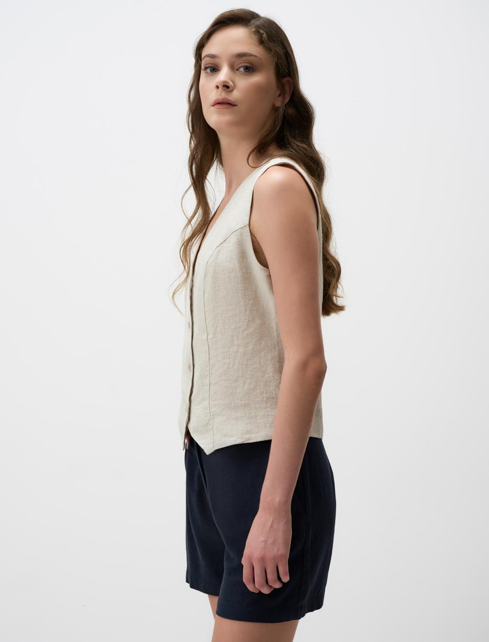 V-neck Sleeveless Plain Linen Vest - Beige - 24SY044001988