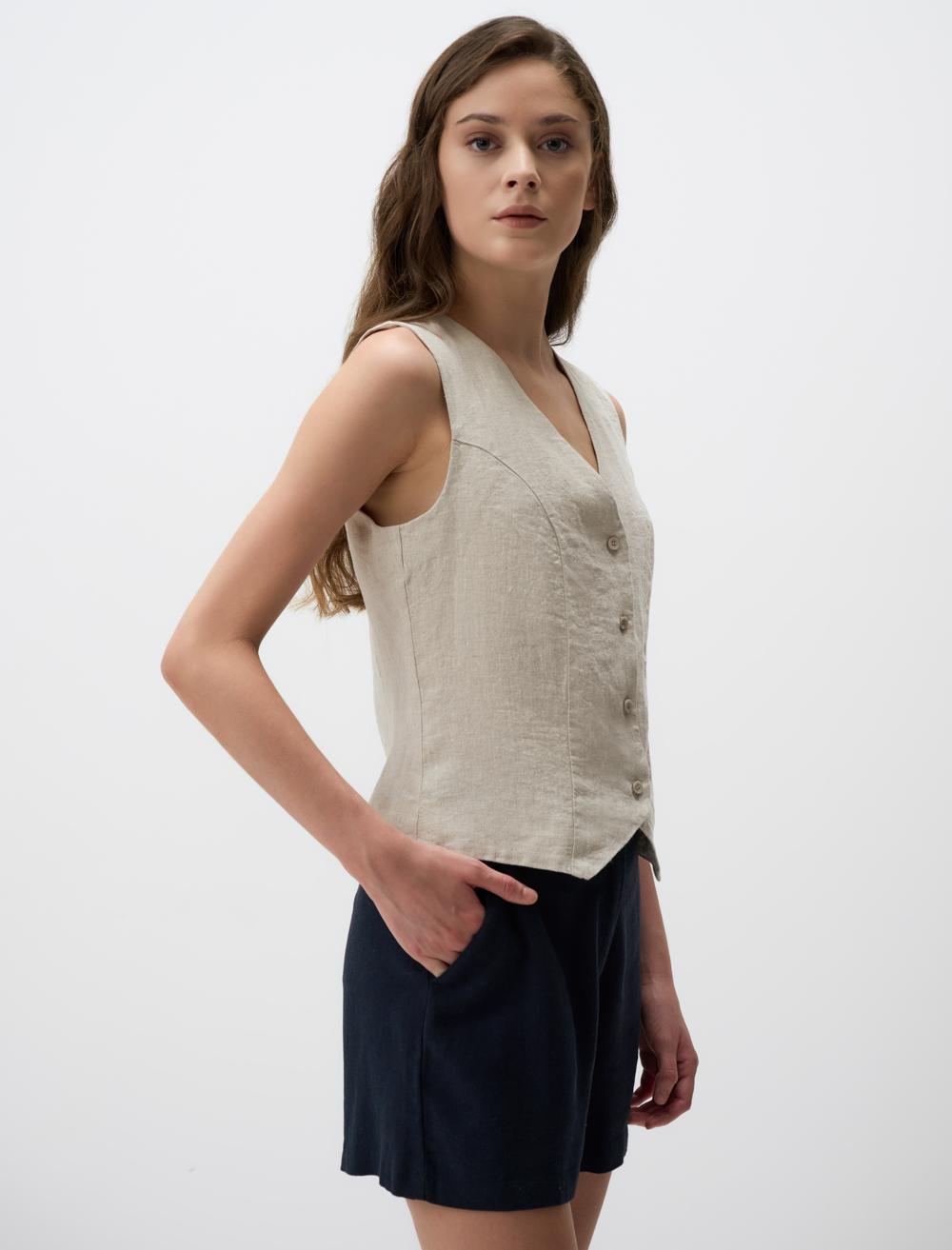 V-neck Sleeveless Plain Linen Vest - Beige