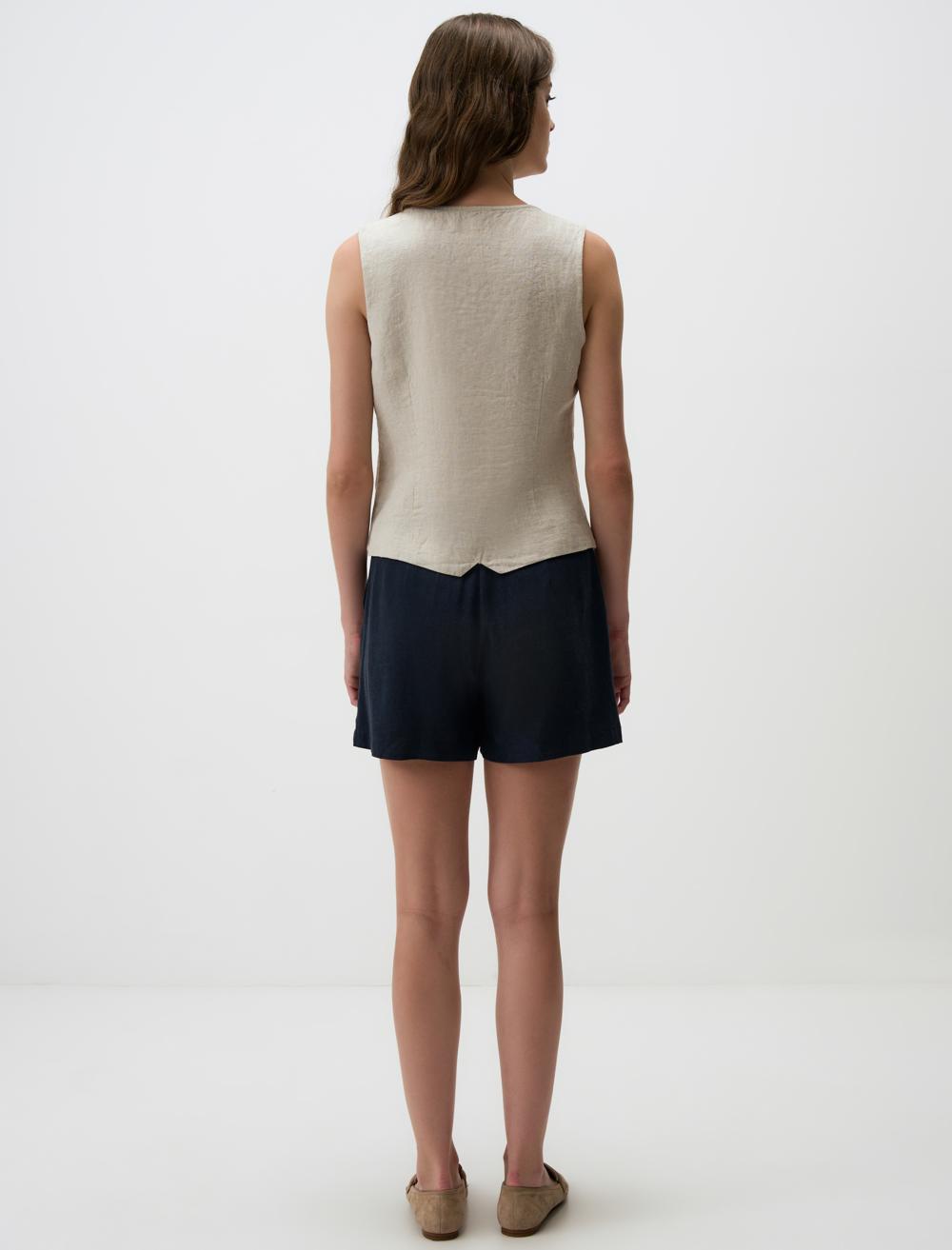 V-neck Sleeveless Plain Linen Vest - Beige - 24SY044001988