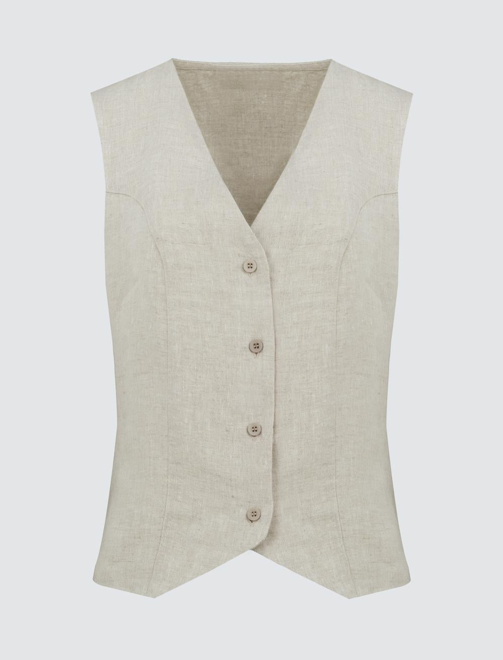 V-neck Sleeveless Plain Linen Vest - Beige - 24SY044001988