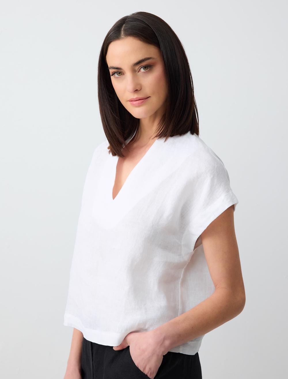 V Neck Sleeveless Woven Linen Blouse