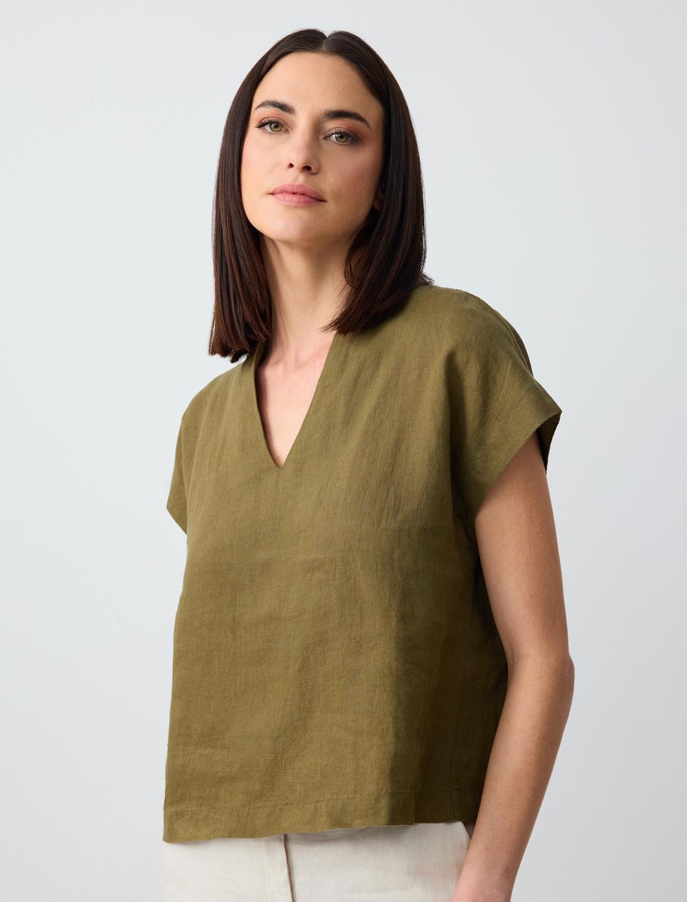 V Neck Sleeveless Woven Linen Blouse