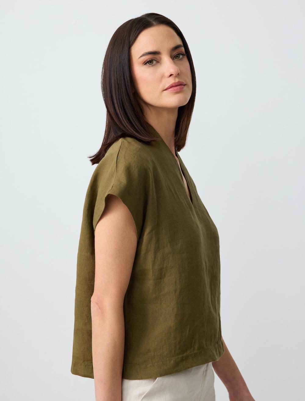 V Neck Sleeveless Woven Linen Blouse - Khaki