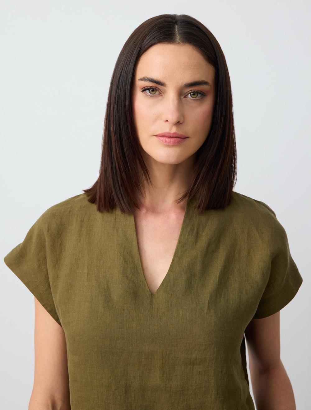V Neck Sleeveless Woven Linen Blouse - Khaki