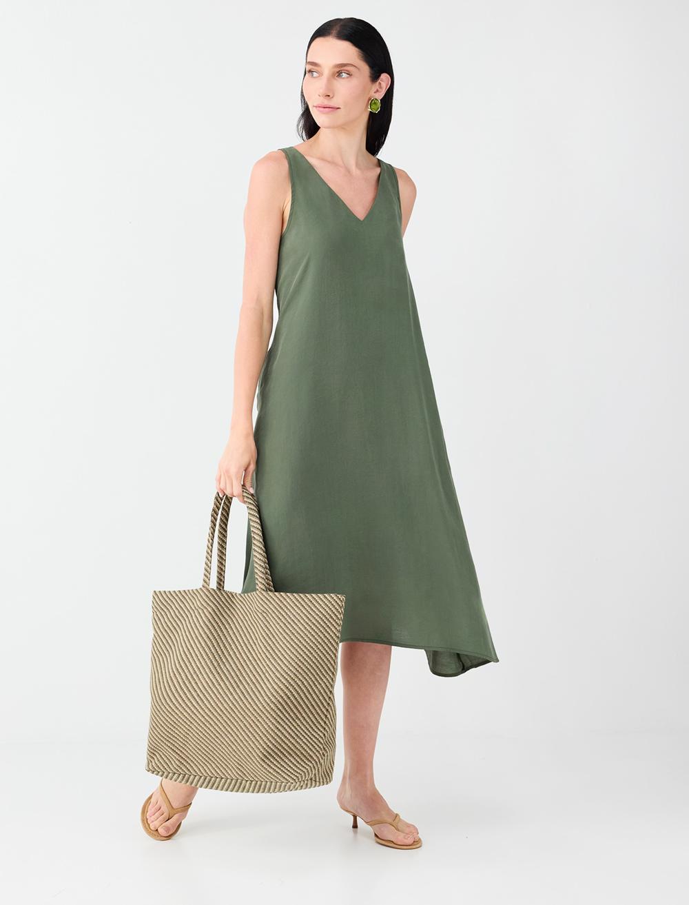 Loose Fit V-neck Sleeveless Dress - Khaki - 6SW066634312