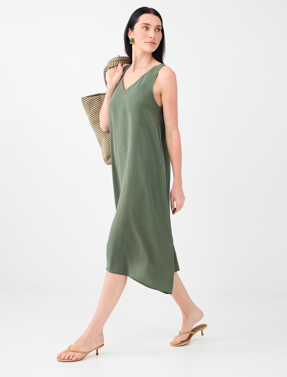 Loose Fit V-neck Sleeveless Dress - Khaki - 6SW066634312