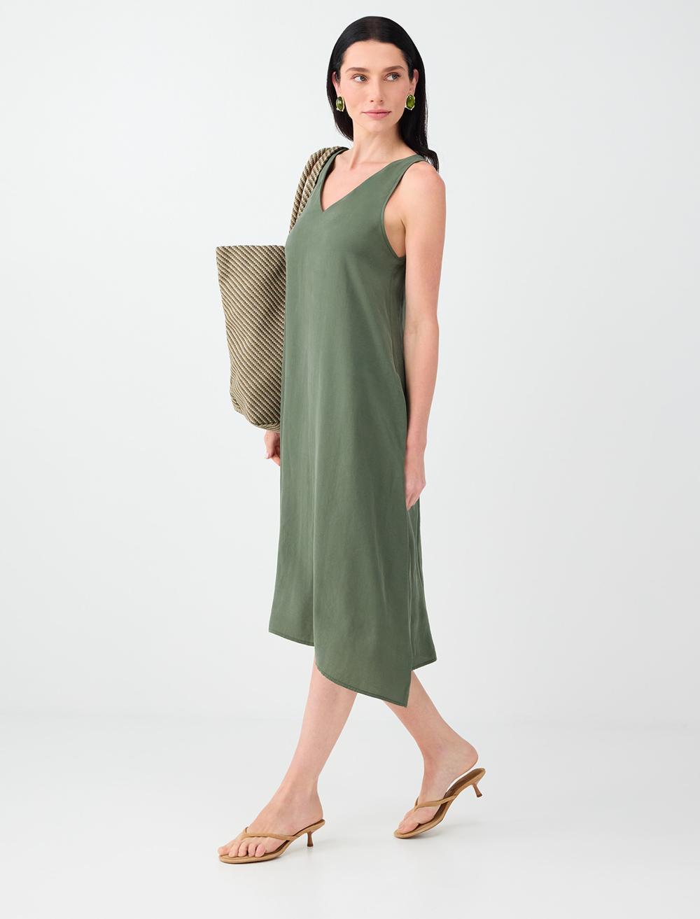 Loose Fit V-neck Sleeveless Dress - Khaki - 6SW066634312