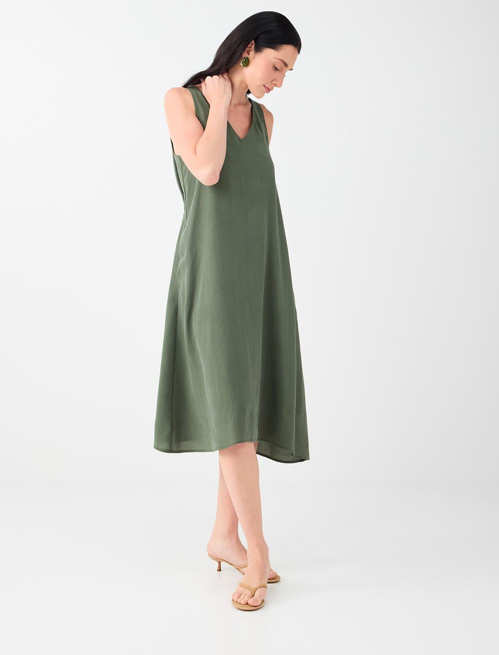 Loose Fit V-neck Sleeveless Dress - Khaki - 6SW066634312