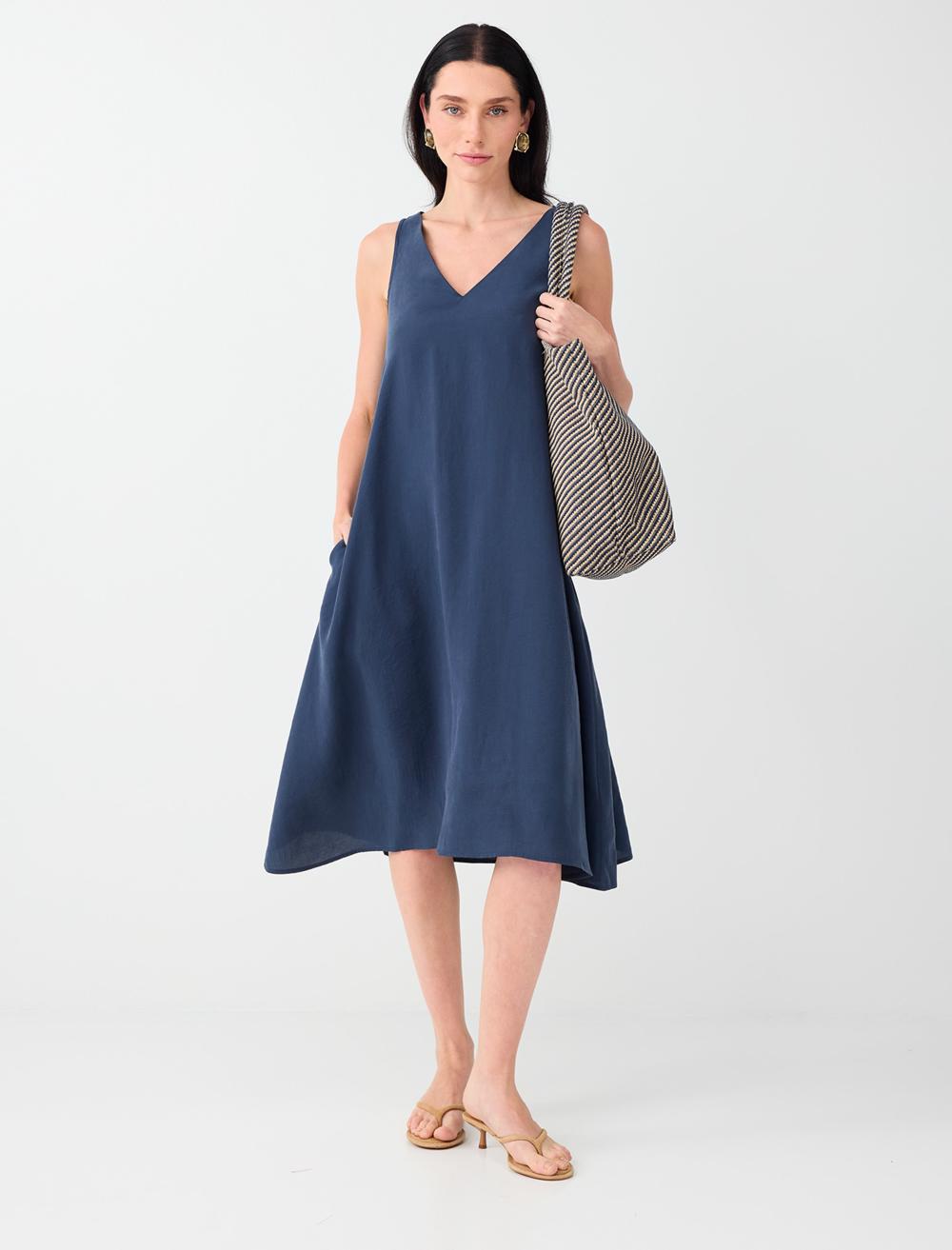 Loose Fit V-neck Sleeveless Dress - Dark Blue - 6SW066634494