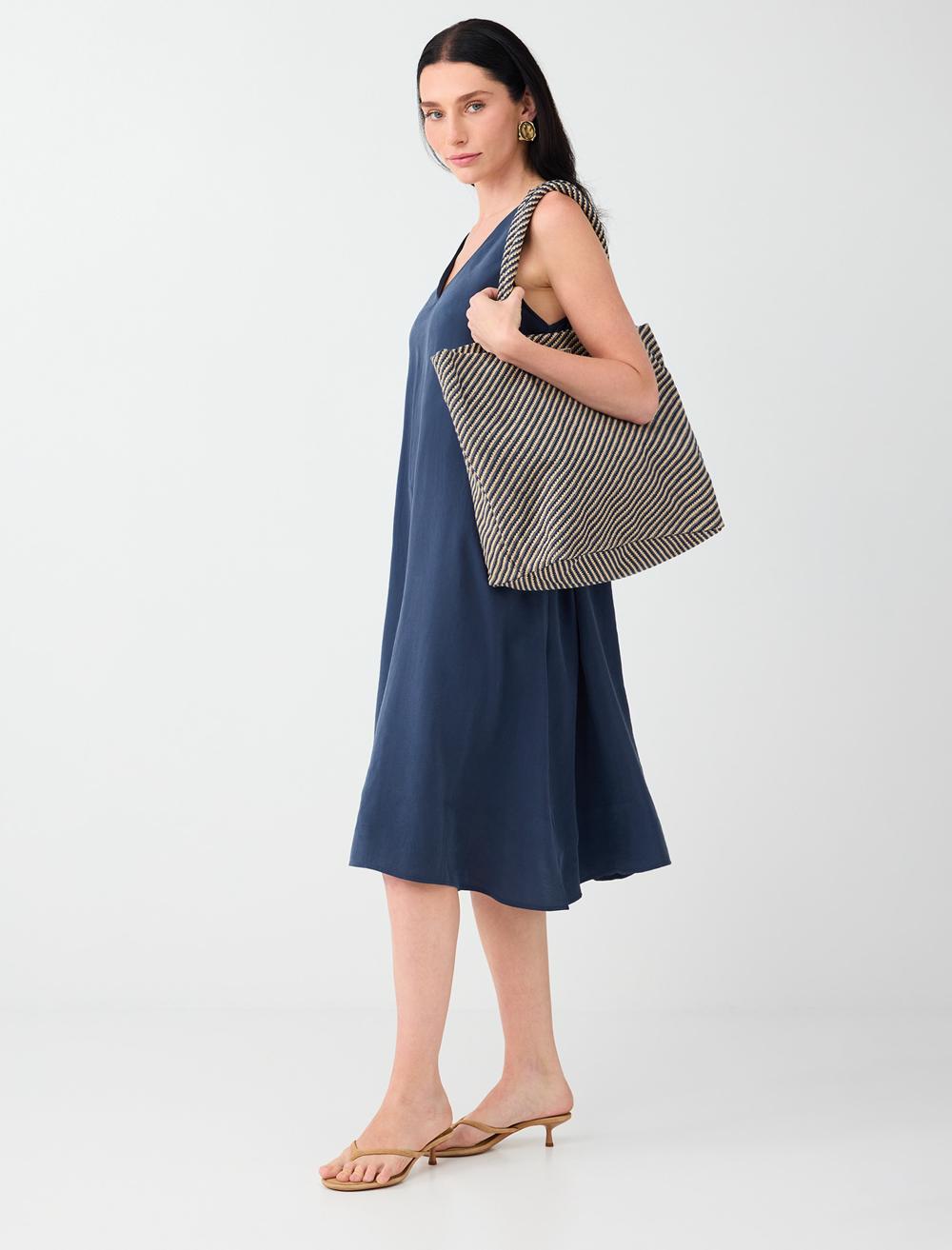 Loose Fit V-neck Sleeveless Dress - Dark Blue - 6SW066634494