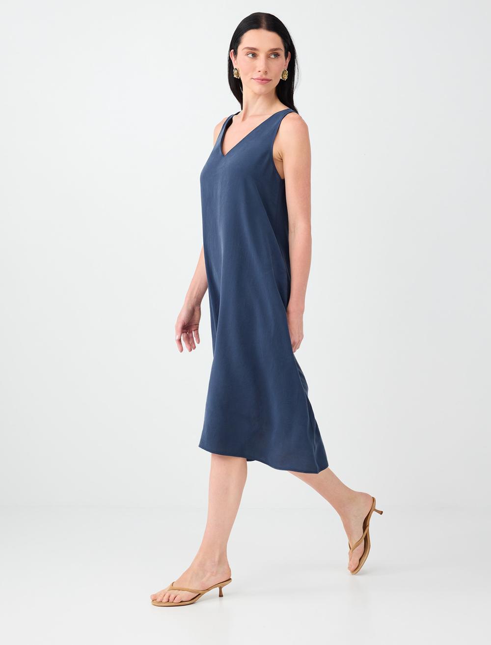 Loose Fit V-neck Sleeveless Dress - Dark Blue - 6SW066634494