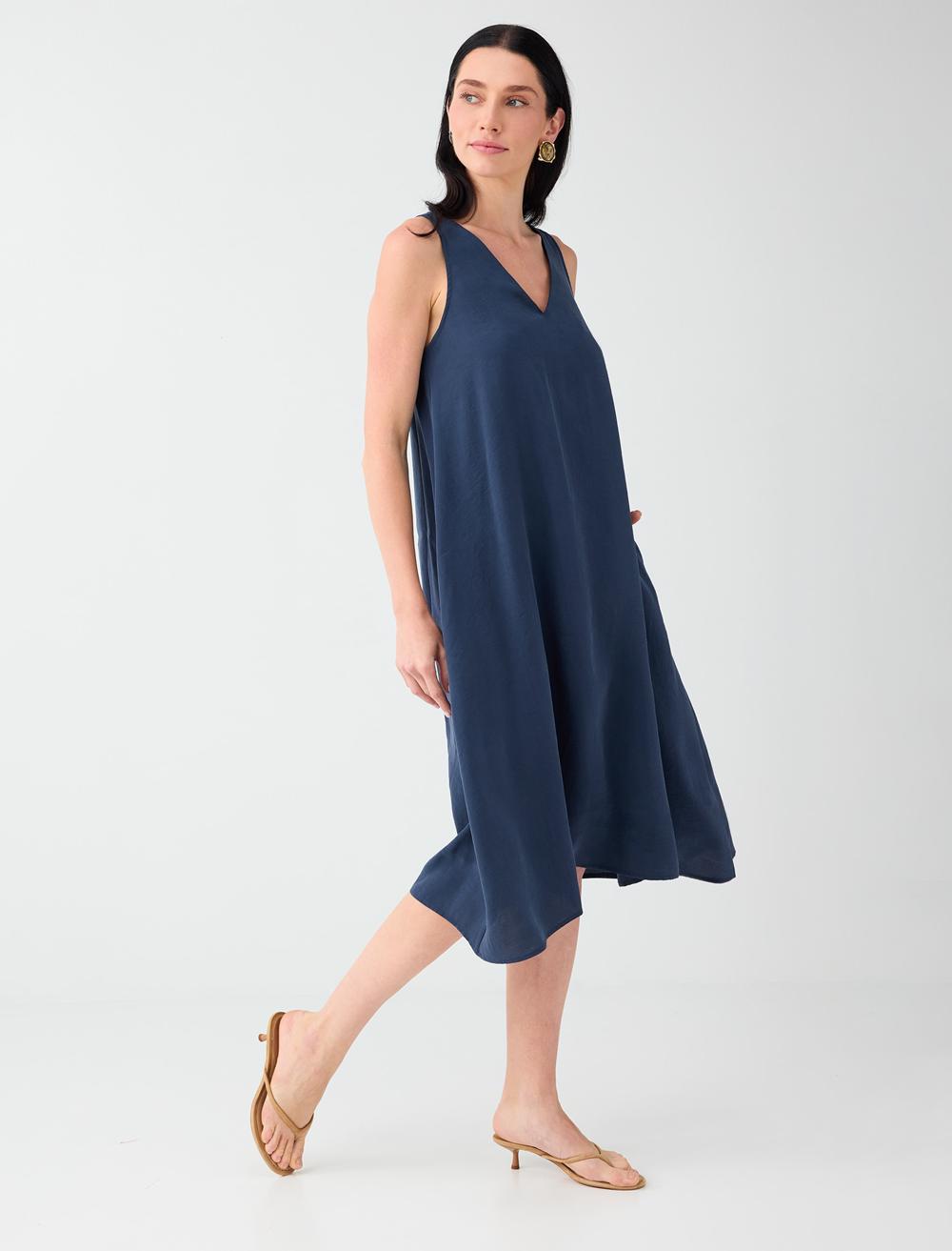 Loose Fit V-neck Sleeveless Dress - Dark Blue - 6SW066634494