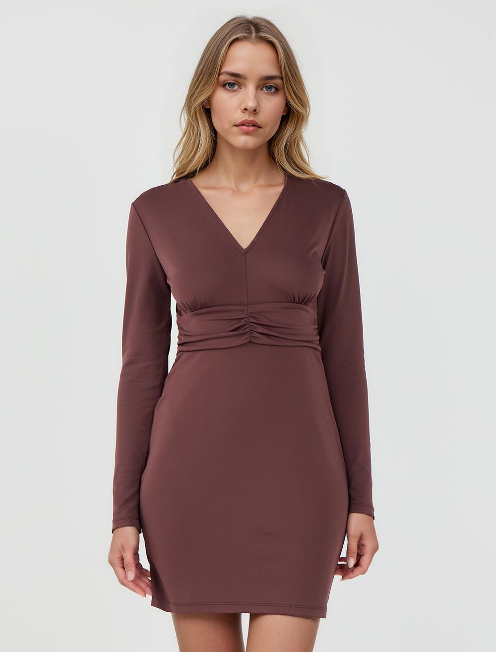 V-Neck Long-Sleeve Dress - Brown - 5WW065560800
