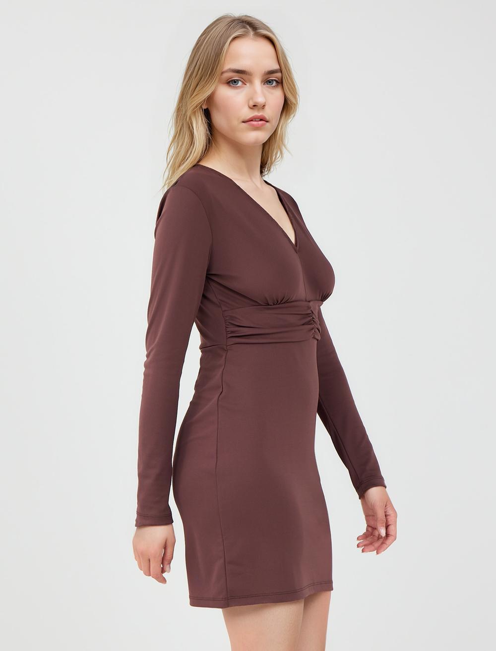 V-Neck Long-Sleeve Dress - Brown - 5WW065560800
