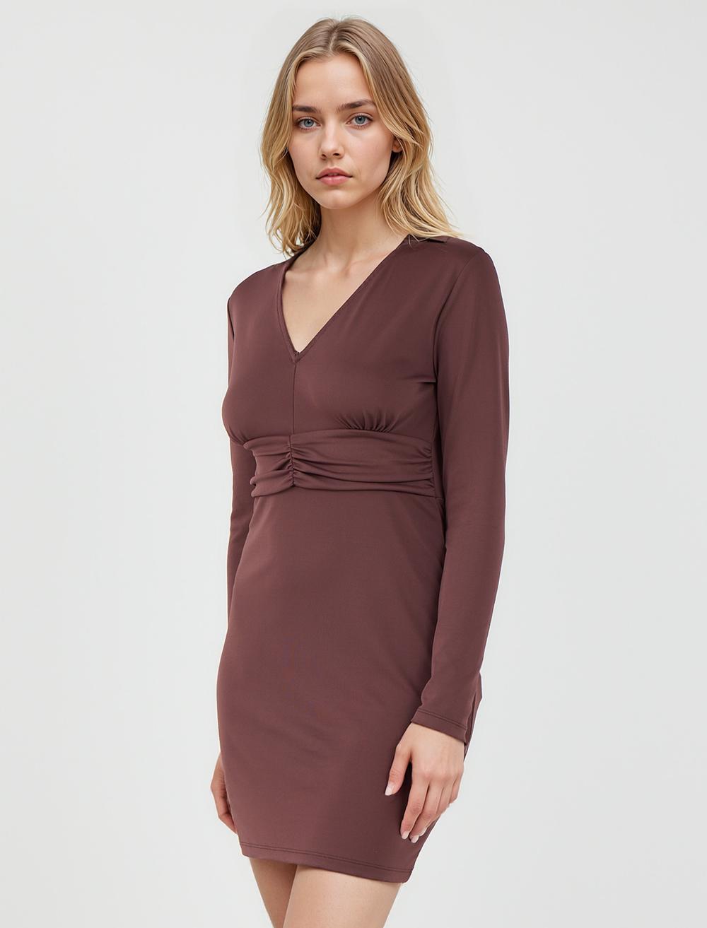 V-Neck Long-Sleeve Dress - Brown - 5WW065560800