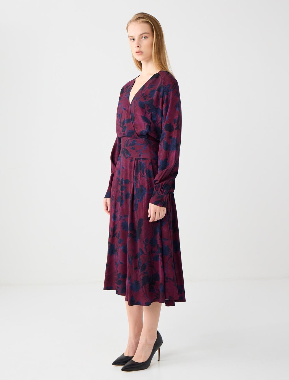 V-Neck Long-Sleeve Dress - Burgundy - 5WW065702562