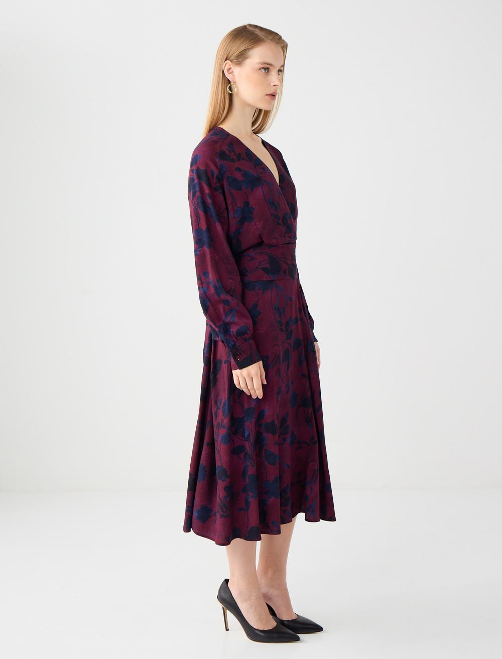 V-Neck Long-Sleeve Dress - Burgundy - 5WW065702562