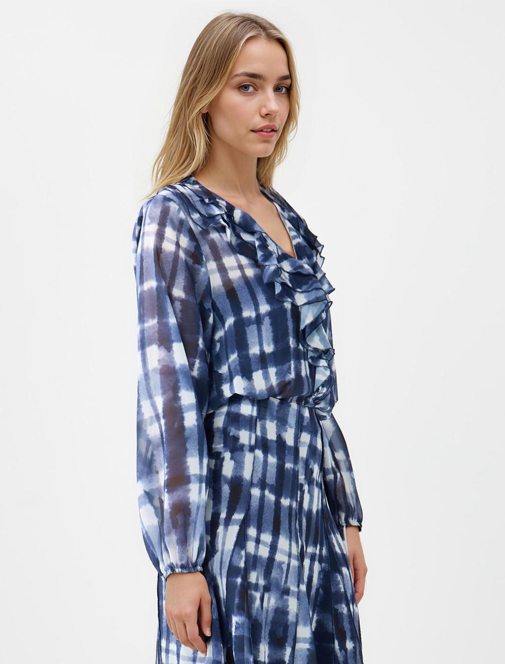 V-Neck Long-Sleeve Blouse - Dark Blue - 5WW035281494