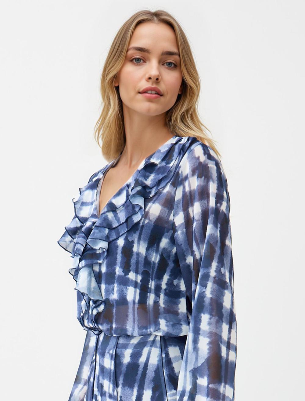 V-Neck Long-Sleeve Blouse - Dark Blue - 5WW035281494