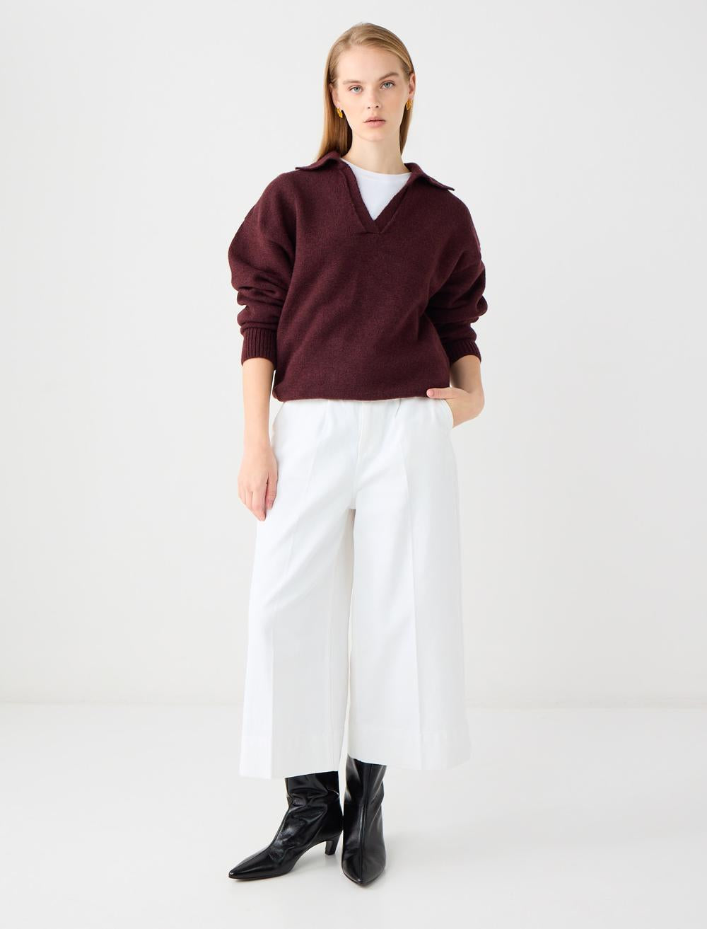Loose Fit V-Neck Long-Sleeve Pullover - Burgundy - 5WW135621562