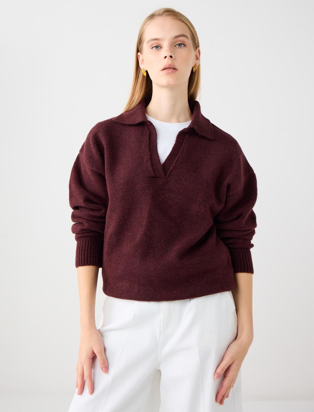 Loose Fit V-Neck Long-Sleeve Pullover - Burgundy - 5WW135621562