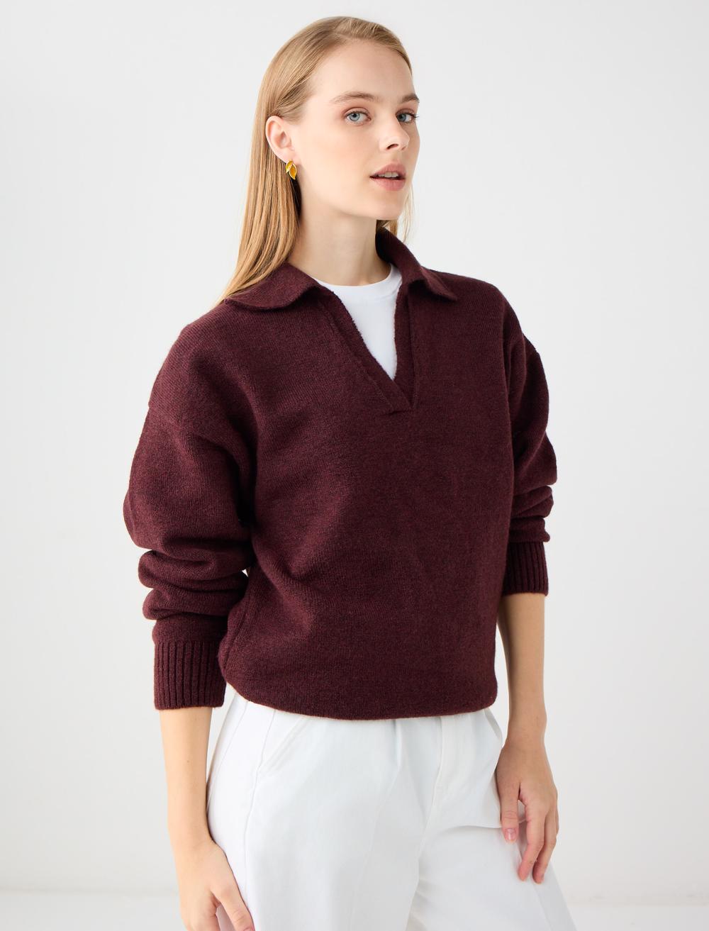 Loose Fit V-Neck Long-Sleeve Pullover - 5WW135621