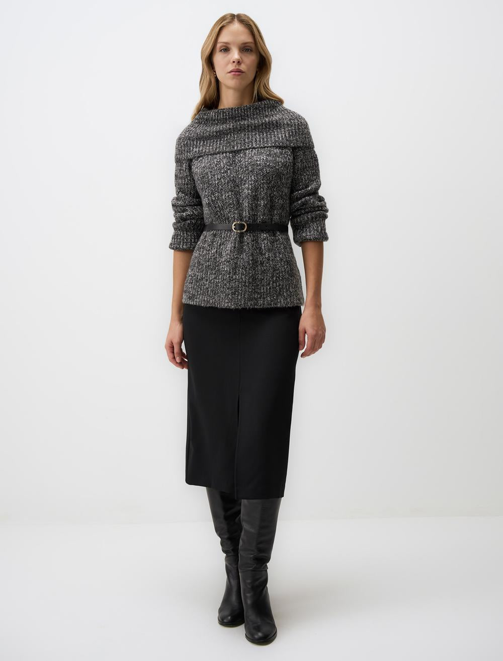 Narrow Cut High Waist Midi Skirt with Slit Detail
