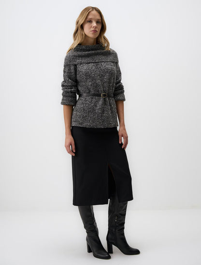 Narrow Cut High Waist Midi Skirt with Slit Detail
