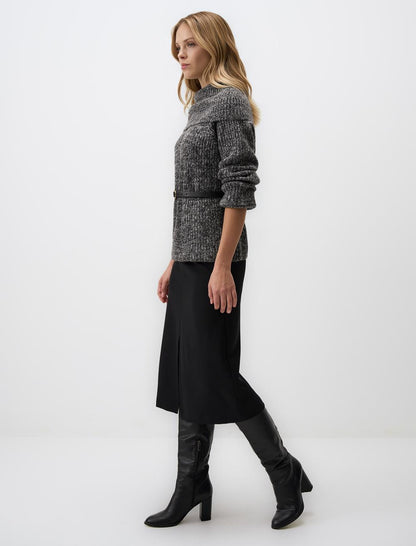 Narrow Cut High Waist Midi Skirt with Slit Detail