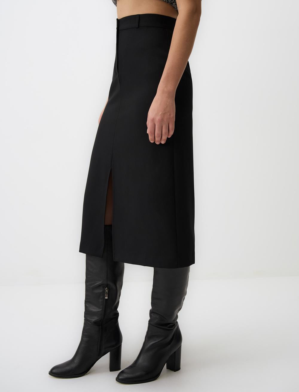 Narrow Cut High Waist Midi Skirt with Slit Detail