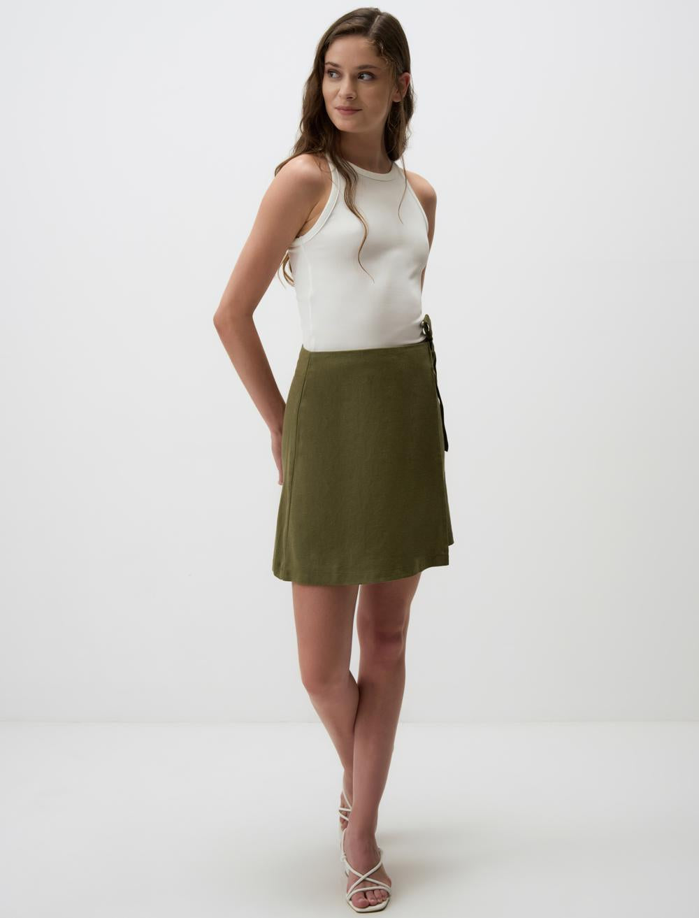 Linen Skirt with High Waist Ties - Khaki - 24SF044006312