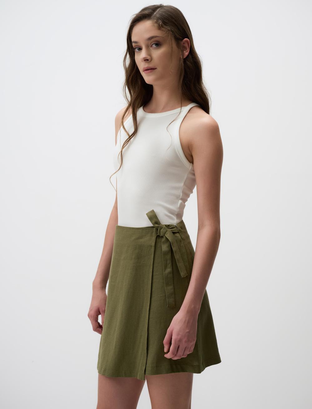 Linen Skirt with High Waist Ties - Khaki - 24SF044006312