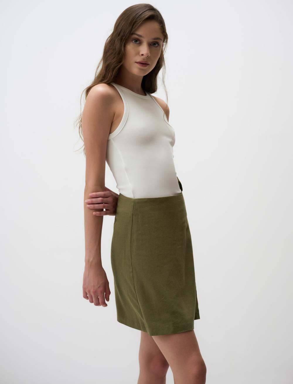 Linen Skirt with High Waist Ties - Khaki - 24SF044006312