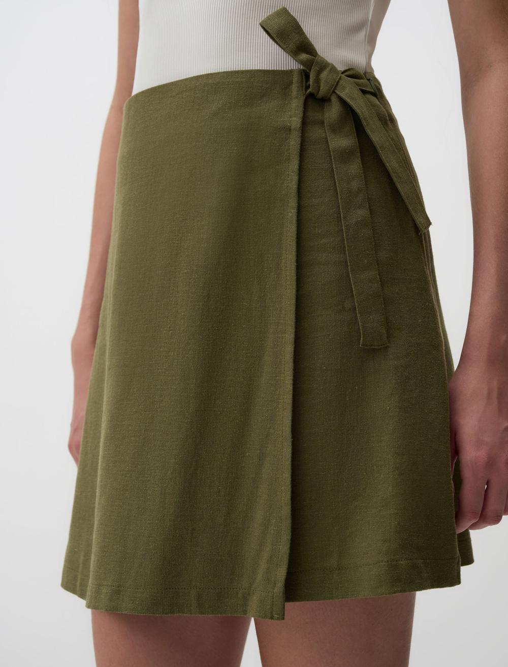Linen Skirt with High Waist Ties - Khaki - 24SF044006312