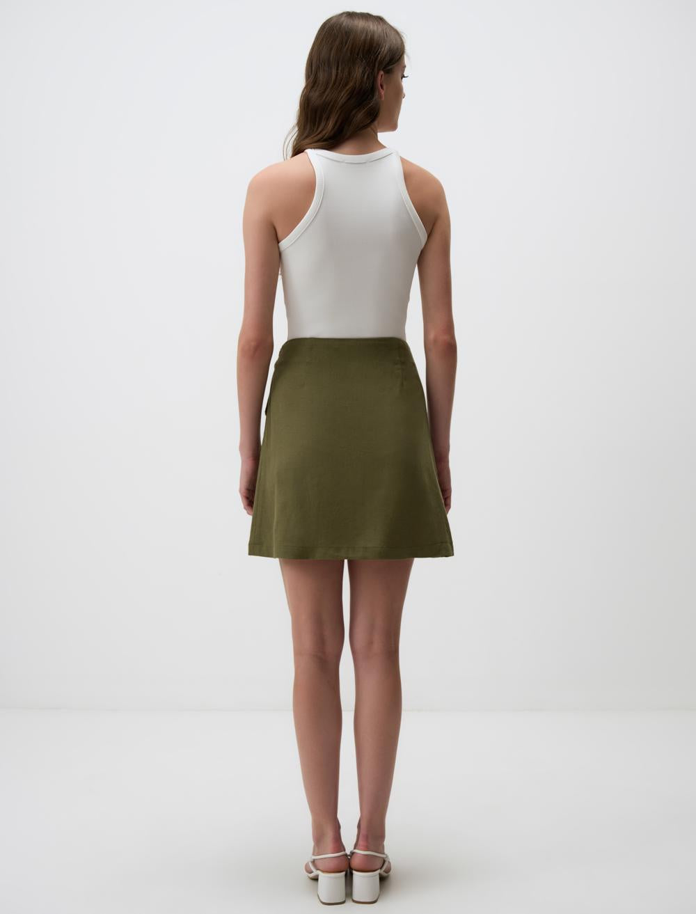 Linen Skirt with High Waist Ties - Khaki - 24SF044006312