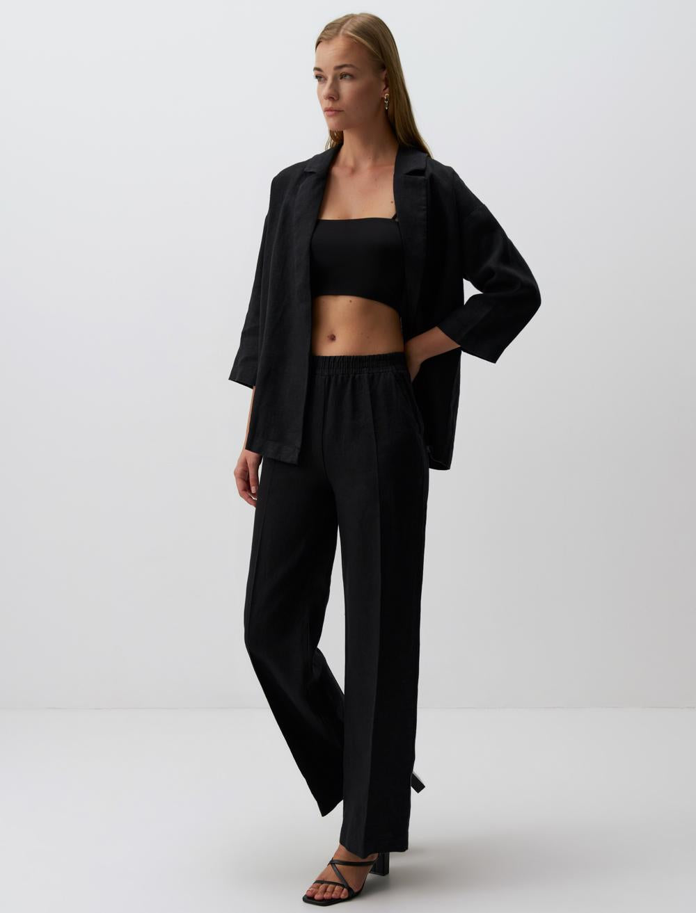 High Waist Wide Leg Straight Linen Pants - 24SP055300