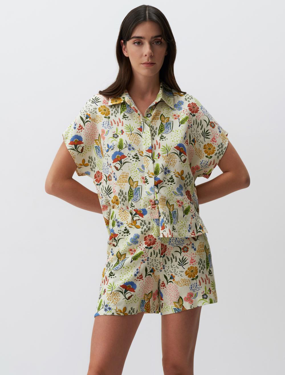 High Waist Floral Linen Shorts - 24SS020058V2