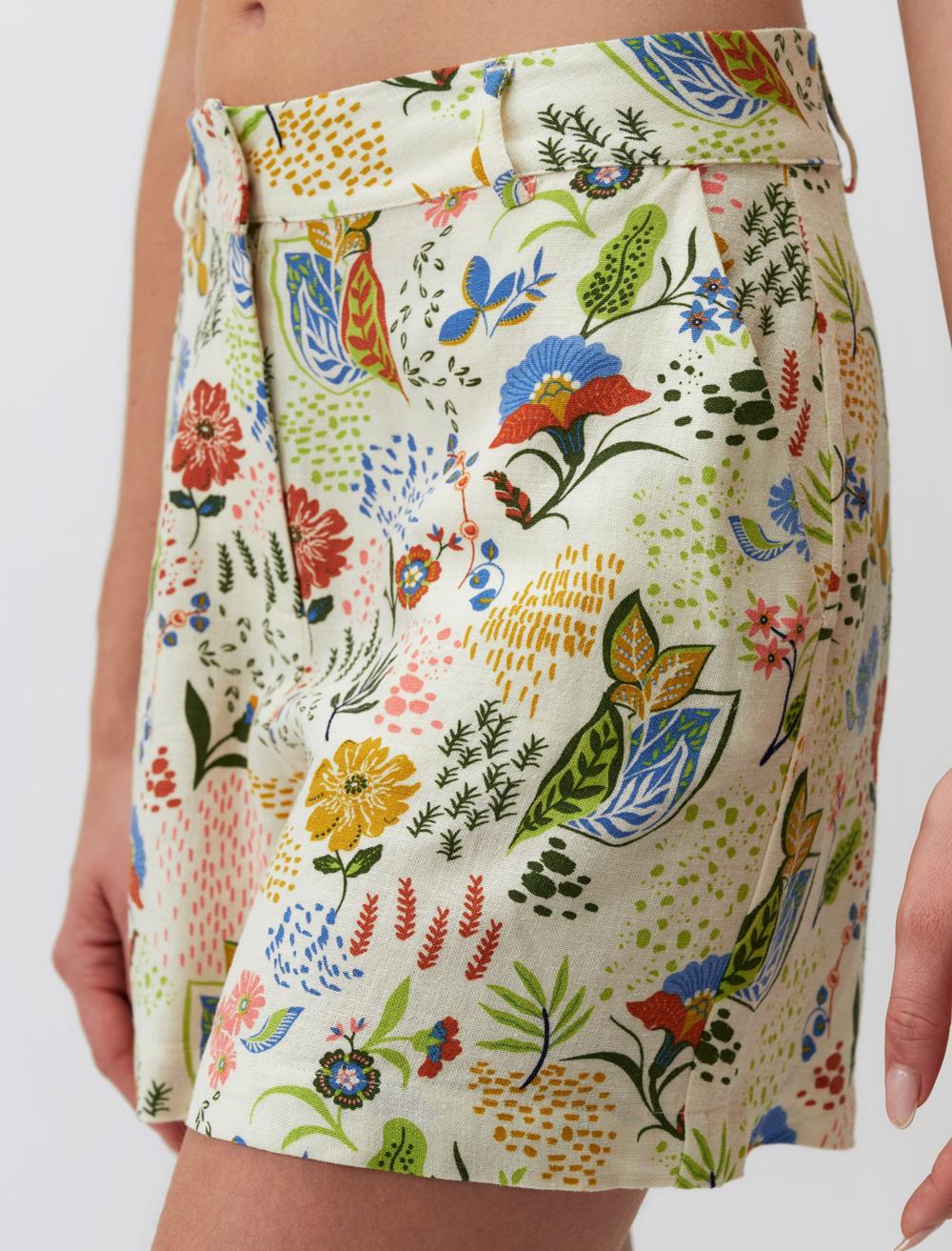 High Waist Floral Linen Shorts - 24SS020058V2