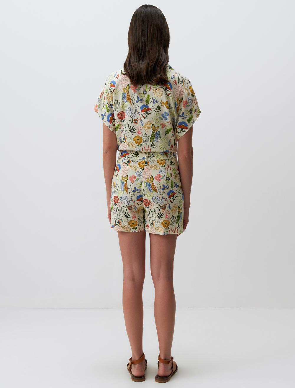 High Waist Floral Linen Shorts - 24SS020058V2