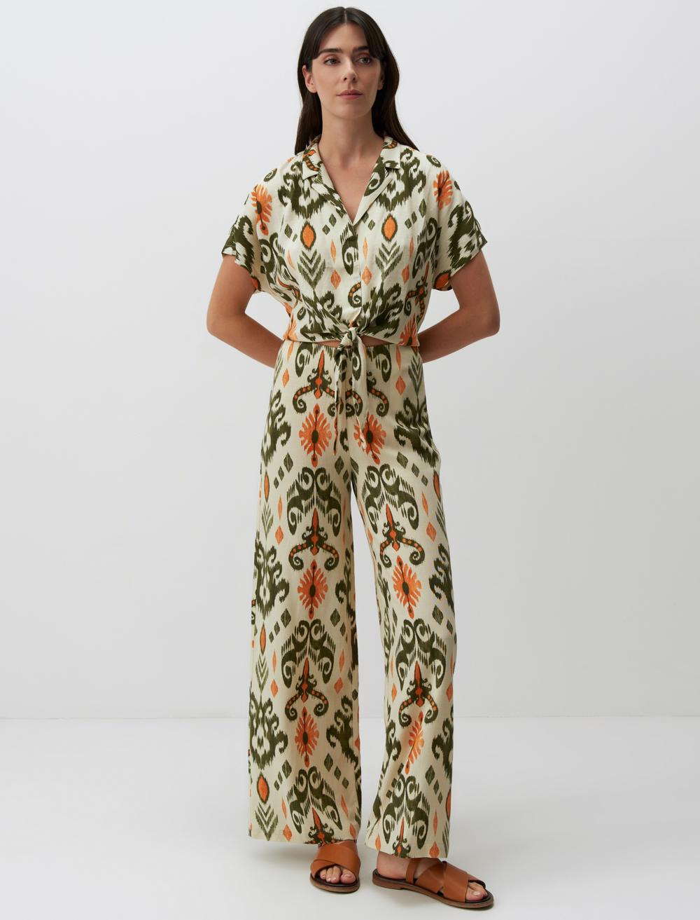 High Waist Ethnic Patterned Linen Pants - 24SP044017