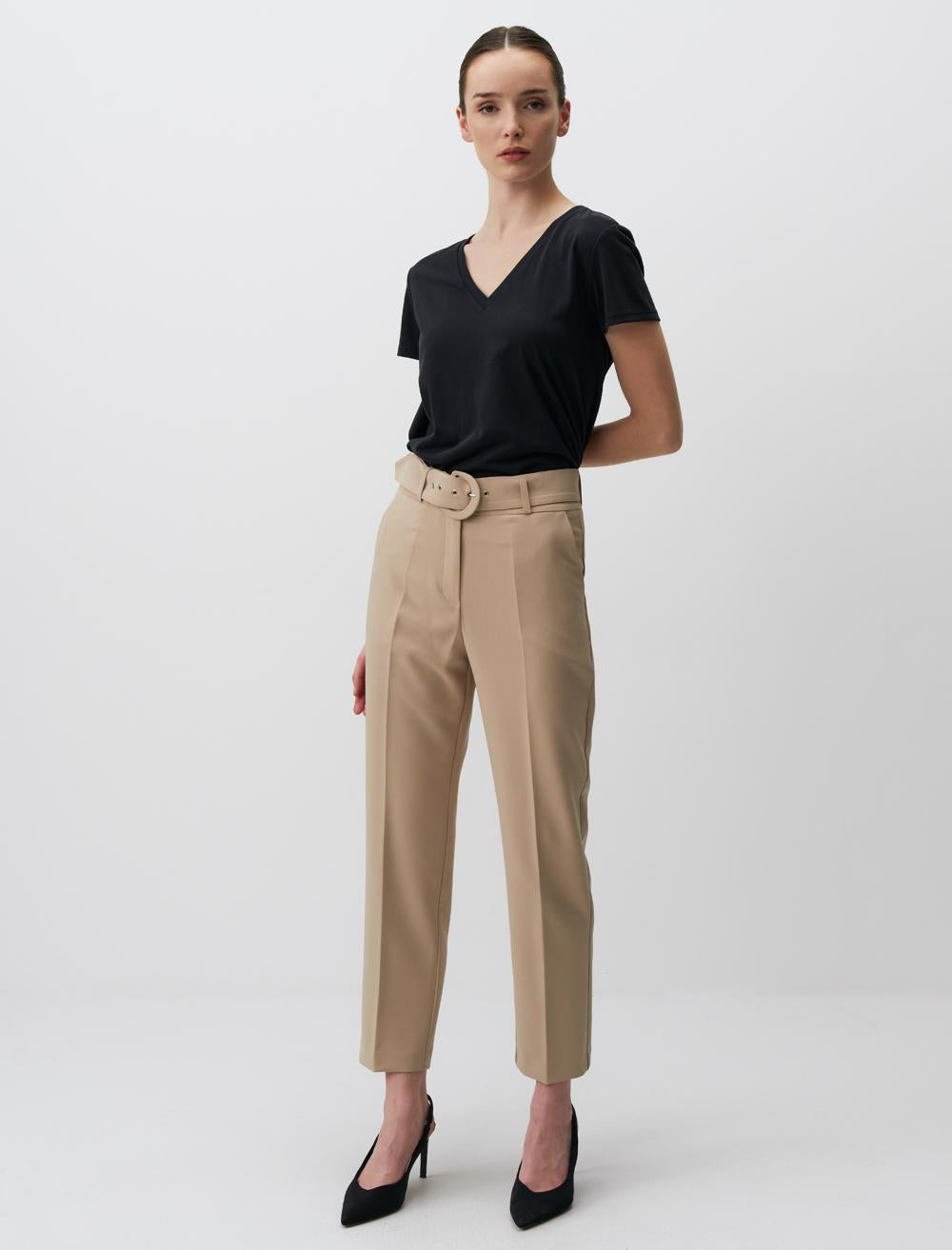High Waist Belted Fabric Pants - 24SP015070