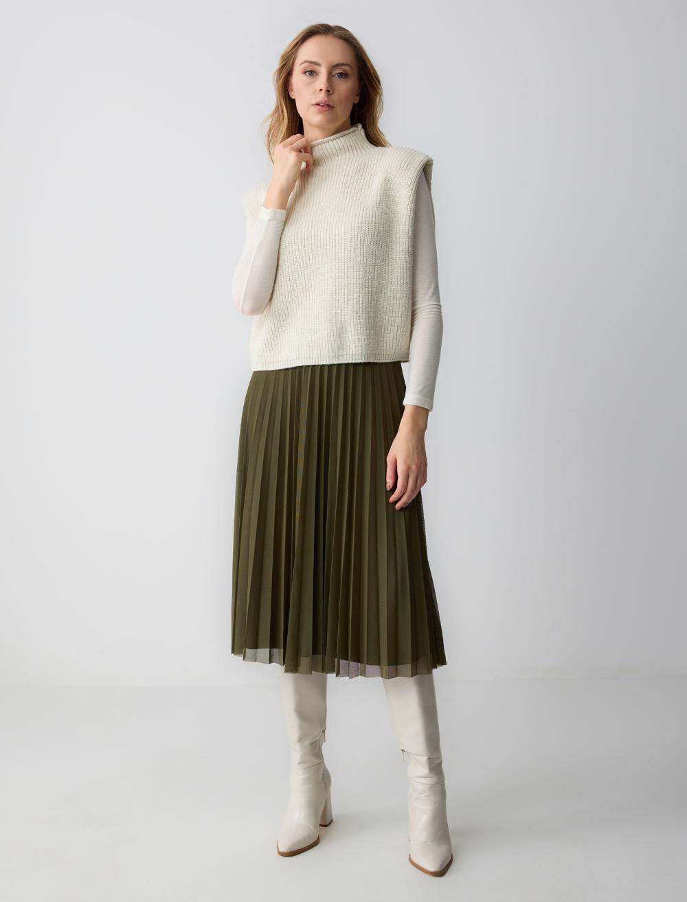 High Waist Pleated Relaxed Fit Midi Skirt