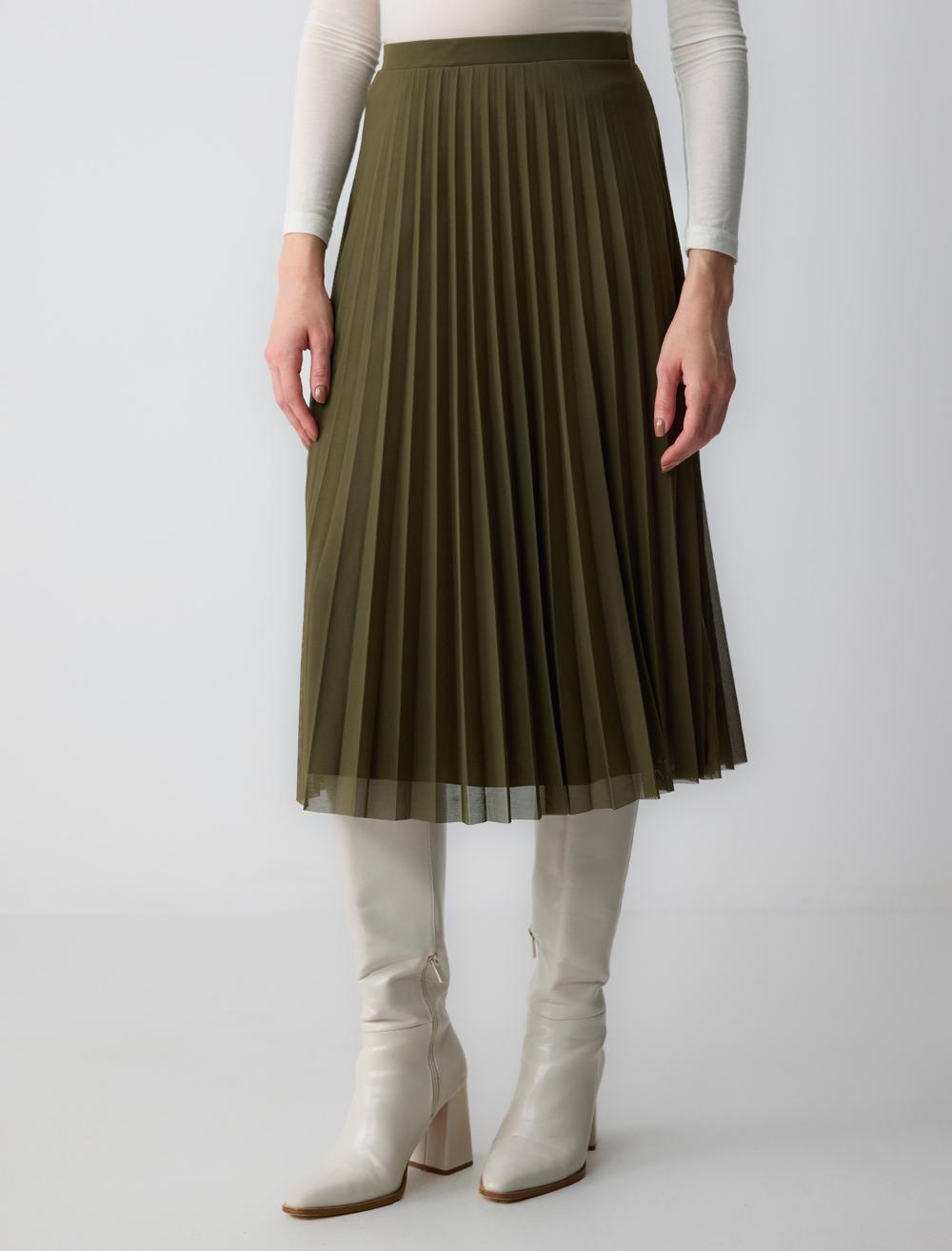 High Waist Pleated Relaxed Fit Midi Skirt