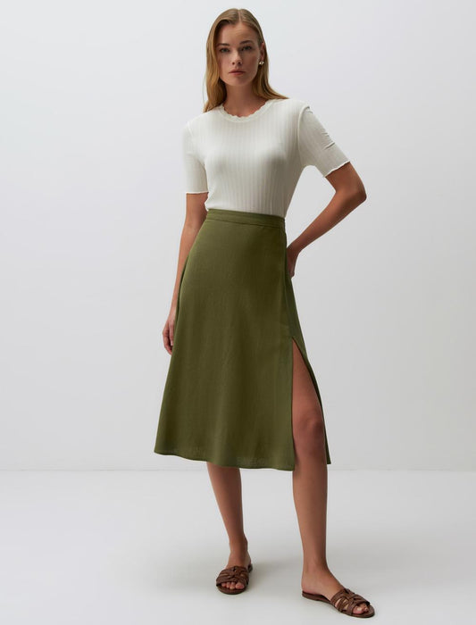Straight Fit High Waist Floral Midi Linen Skirt
