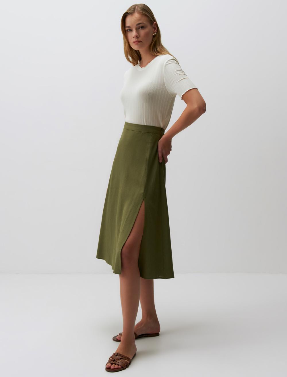 Straight Fit High Waist Floral Midi Linen Skirt - Khaki - 24SF1003312