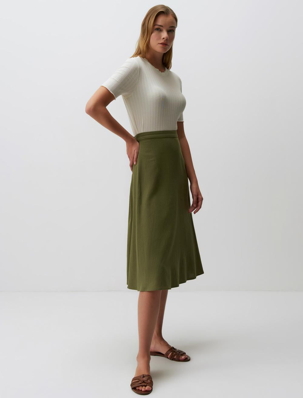 Straight Fit High Waist Floral Midi Linen Skirt - Khaki - 24SF1003312