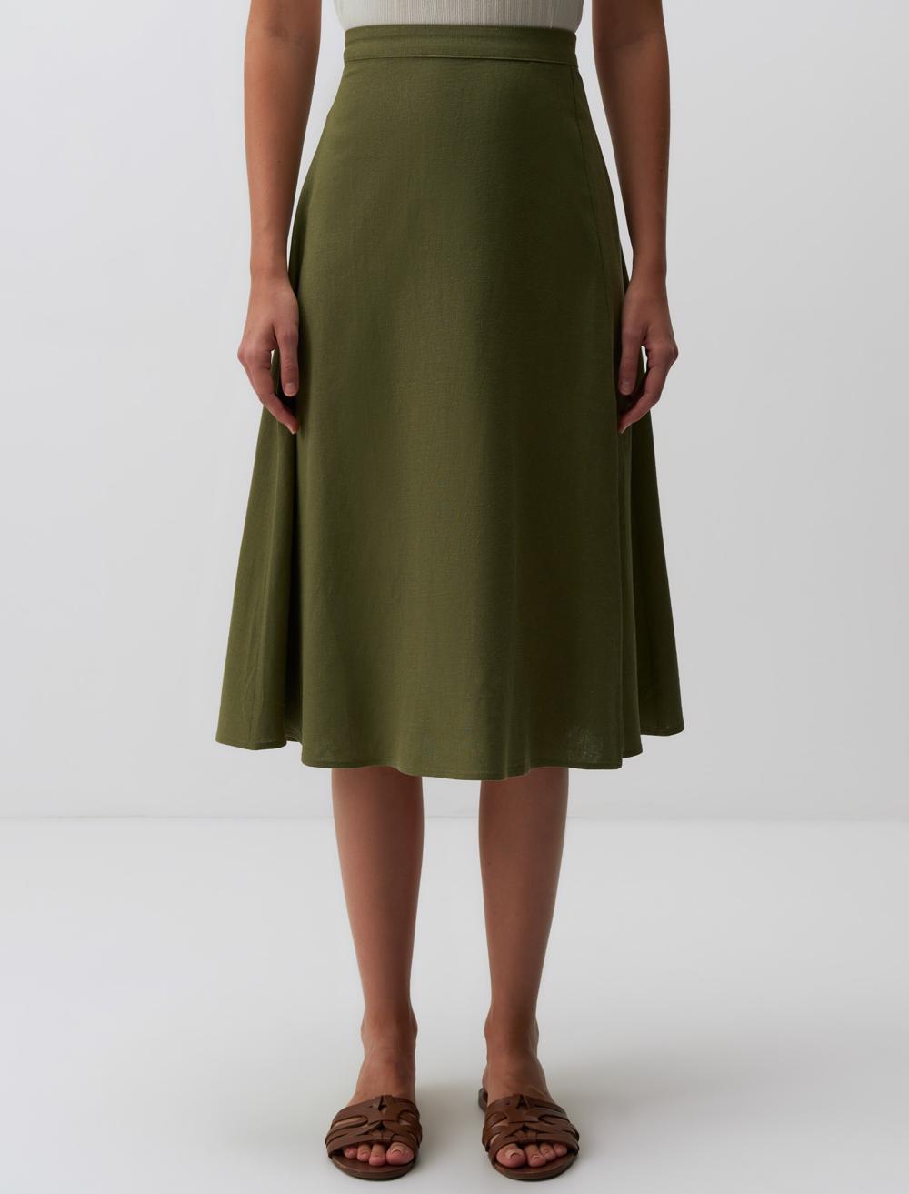 Straight Fit High Waist Floral Midi Linen Skirt - Khaki - 24SF1003312