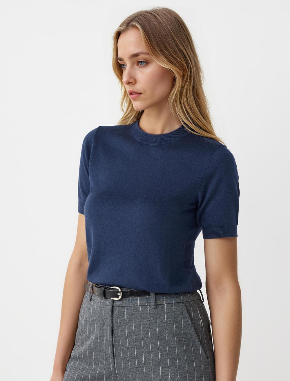 Crew Neck Short-Sleeve Pullover - Dark Blue - 5WW134090494